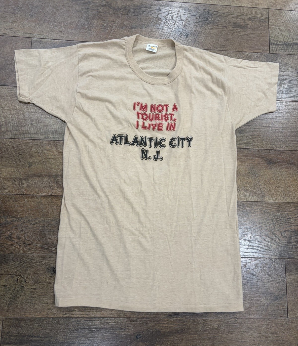 Vintage 80s Atlantic City, NJ Not A Tourist Slogan Tee Tan Medium Made In USA