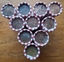 Lot Of 10 Unsearched Original Bank Wrapped Rolls, circulated pennies actual lot