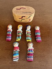 Guatemalan Worry Dolls Set of 6 Handmade Folk Art w Wooden Box Vintage
