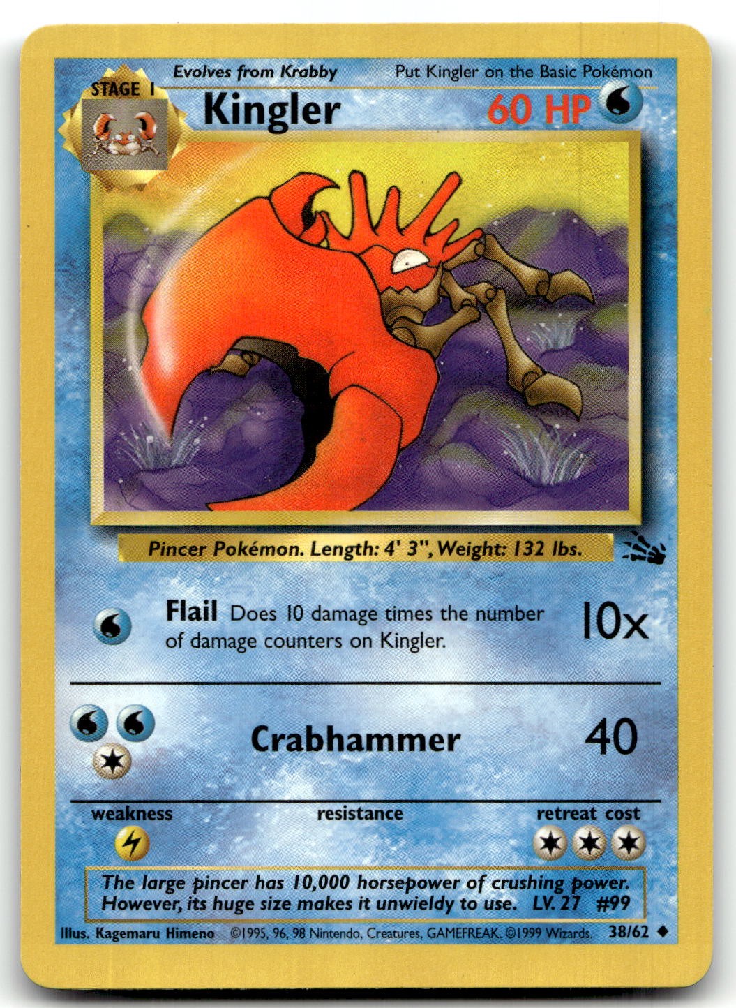 Kingler 38/62 Fossil Uncommon Unlimited Pokemon TCG NM