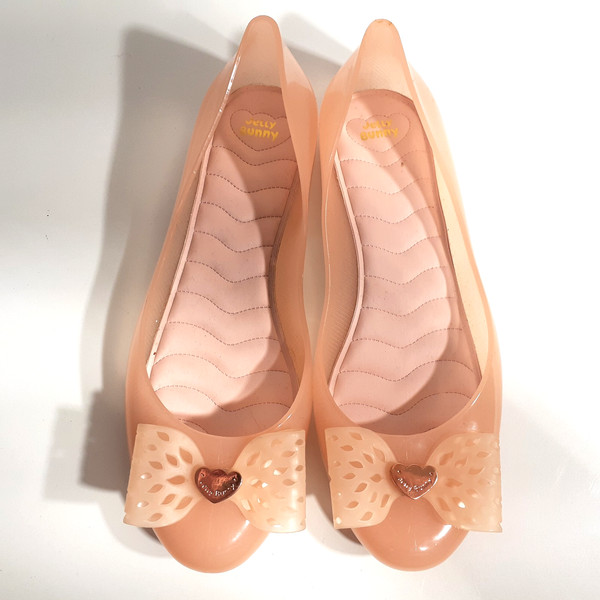 Jelly Bunny Shoes Sz US7 Pink Ballet Flats Lightweight Comfort Bows Hearts Women