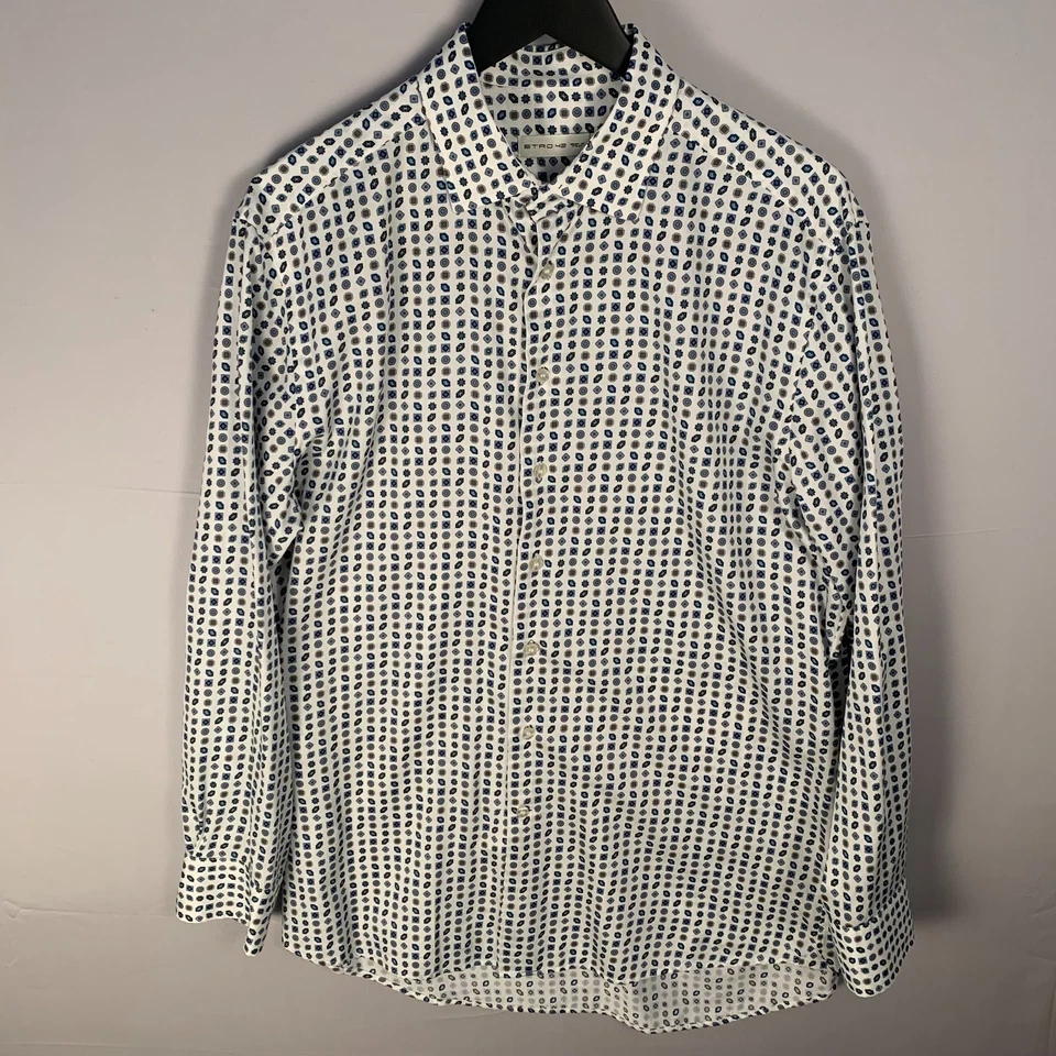 Camisas de vestir ETRO 42 para hombre con botones contemporáneas 100 % algodón blancas geométricas 16" Foto 2 de 4