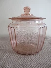 VINTAGE OPEN ROSE ANCHOR HOCKING PINK DEPRESSION BISCUIT JAR & LID