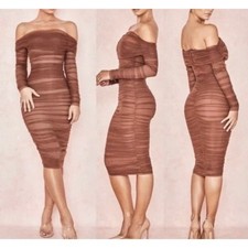House of CB Anais Tulle Mesh Off Shoulder Ruched Dress Chestnut Nude XS