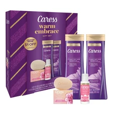 Caress Warm Embrace Bodywash and Bar Soap Skincare Gift Set, 4 Piece