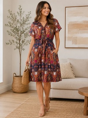 Lane Bryant Womens 18/20 Boho Paisley Midi Dress Tie Belt Silky Finish Plus Size