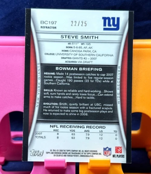2008 BOWMAN CHROME ORANGE - Steve Smith - #'d 22/25 REFRACTOR BC197 Giants Foto 2 de 2