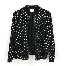 Elle Womens Bomber Jacket Medium Black Full Zip Pockets Lined White Polka Dot