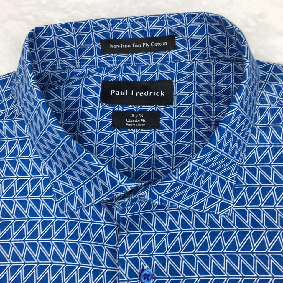 Paul Fredrick Dress Shirt Mens 18-36 Blue/White Geometric Print Classic Fit - Image 3 of 4