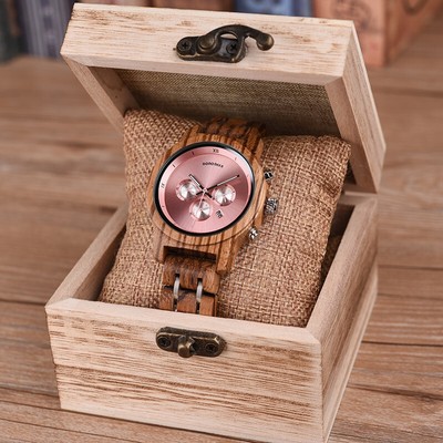 Damenuhr Holzuhr Frauen Damen Holz Armbanduhr Luxusuhr Chronograph Holzbox Neu