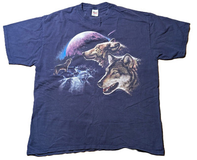 Vintage 90s Wolf Howling Full Moon Graphic Navy USA Cotton Anvil T-Shirt 2XL