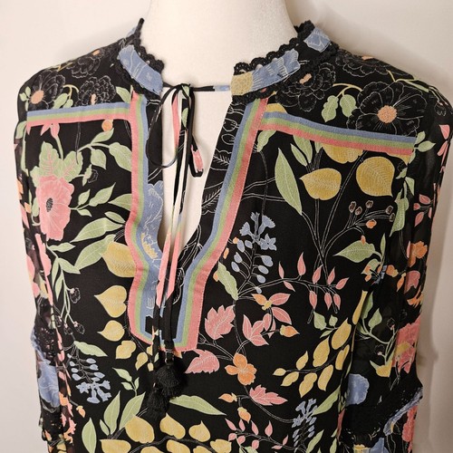 Hale Bob Size Small Georgette Bohemian Blouse Top Balloon Sleeve V Neck Tie - Picture 3 of 12
