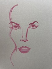 female portrait pink watercolor on paper 9 x 10 minimalism original OOAK new