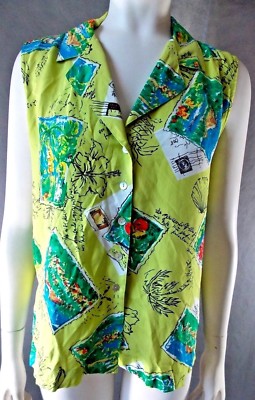 Womens sz M Petite Clio Hawaiin Silk Shirt lime green sea shell 119L34bb17