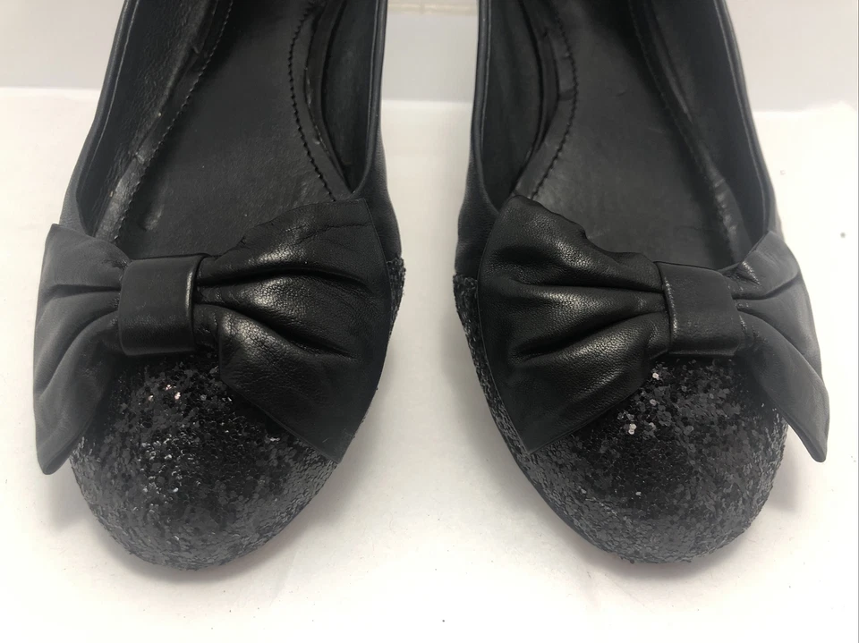Vince Camuto Womens Ballet Flats Sz 7.5 B Black Leather Omaha w/Bow & Glitter #U - Image 2 of 4