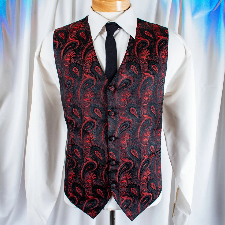 FUMAGALLI Black Red Paisley Polyester Men Formal Waistcoat Vest Size L XL - Image 3 of 4