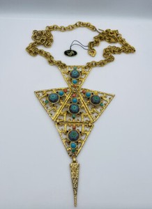 Authentic D&E Juliana Moroccan Matrix Tile Gold Plated Blue Glass Large Necklace