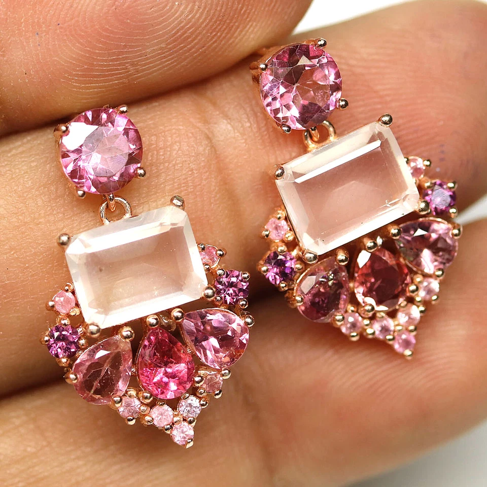Brincos de prata esterlina 925 rosa quartzo, topázio rosa, rodolito e zircão - Imagem 2 de 4