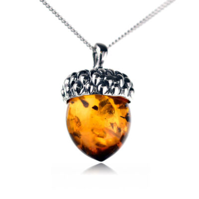 Sterling Silber Eichel Bernstein braun Anhänger 925 18'' Kette Geschenk