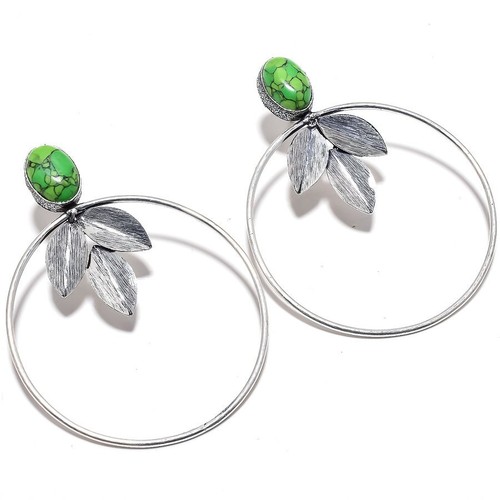 Green Turquoise Gemstone 925 Sterling Silver Earring 2.6" k342 - Picture 3 of 7