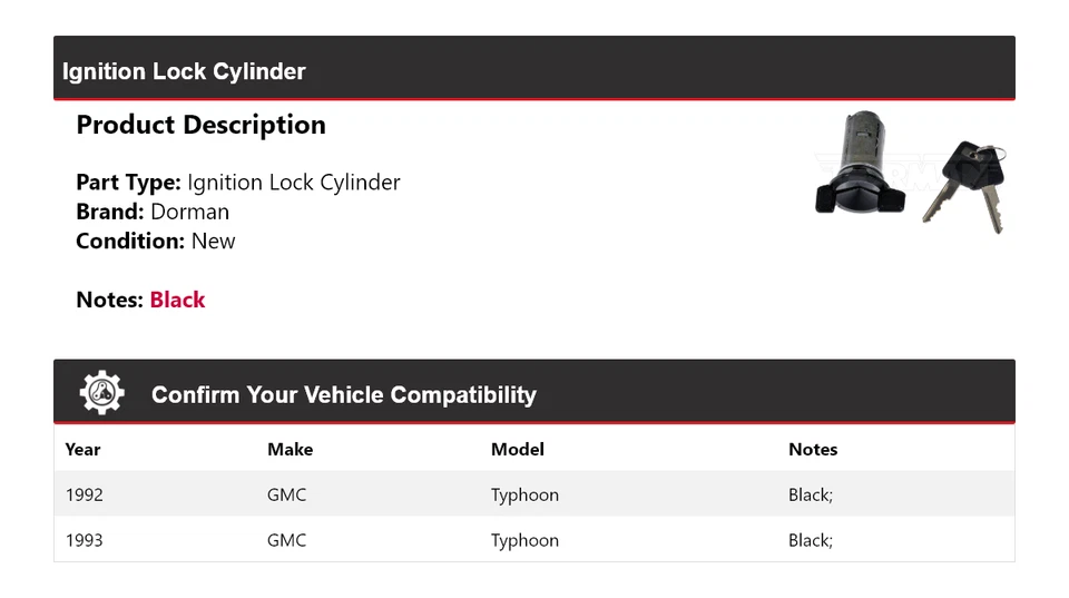 Cilindro de bloqueo de encendido para GMC Typhoon Dorman 1992-1993 Foto 2 de 4