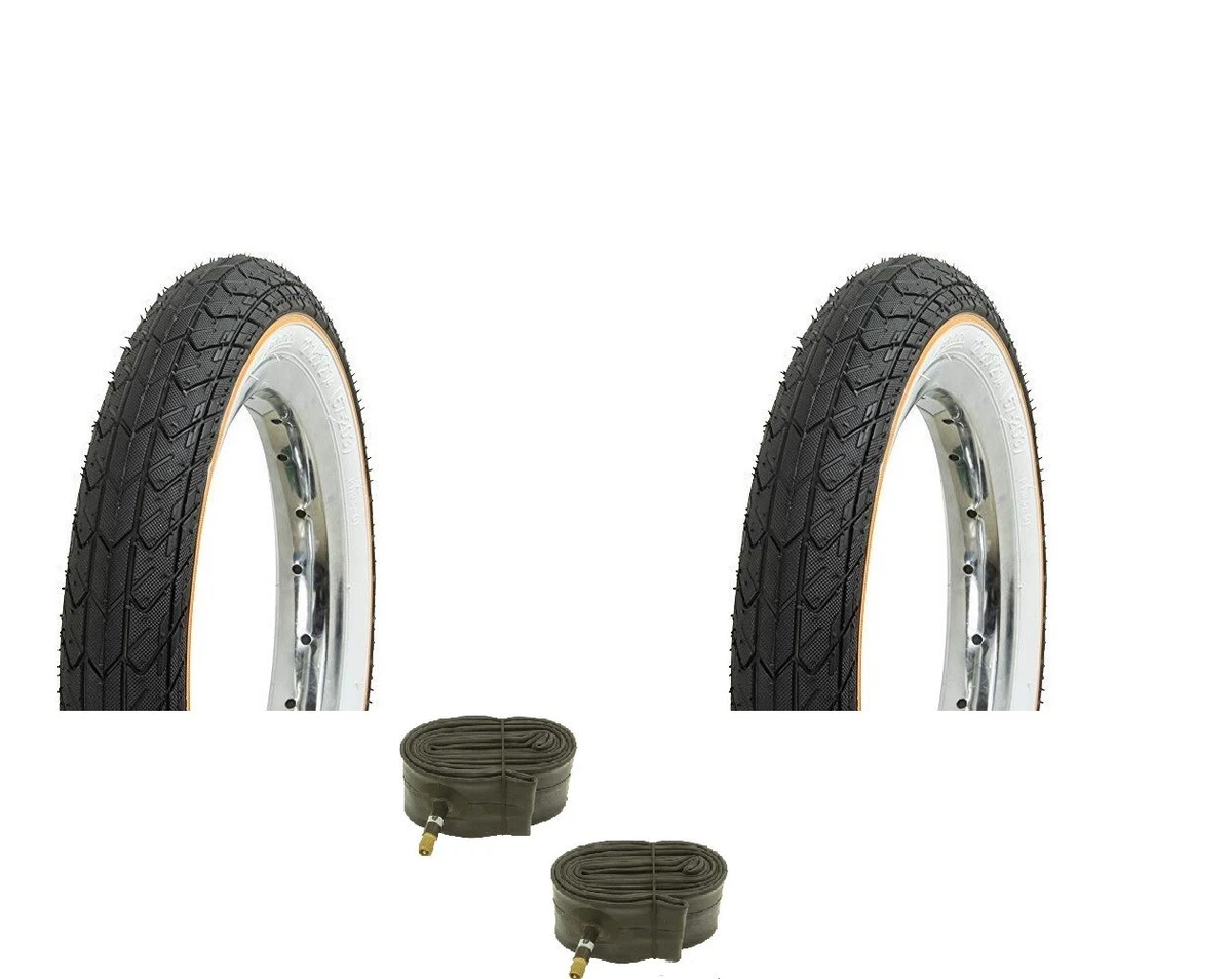Bicycle 2 Tires 2 Tubes White Wall w Yellow Line for 12