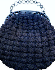 Vtg Art Deco Macrame Popcorn Navy Blue Purse Handbag Celluloid Handle + Chain