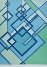 Mario Radice Composizione astratta blu verde litografia firmata a mano artista italiano