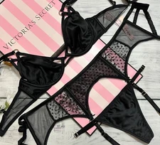 Victoria's Secret Bra Set Satin Unlined Plunge Garter Thong 3 pcs Black