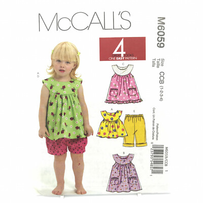 McCalls 6059 Toddlers Top Dresses Shorts Pants Pockets Size 1 4 Uncut Pattern