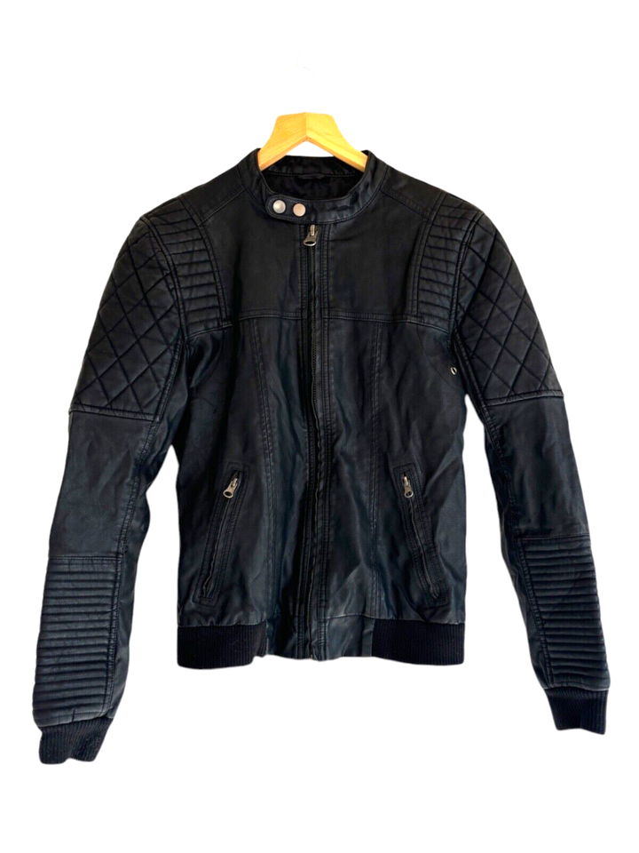 River Island Faux Leather Biker Jacket Men's Size XS Black Cafe Racer