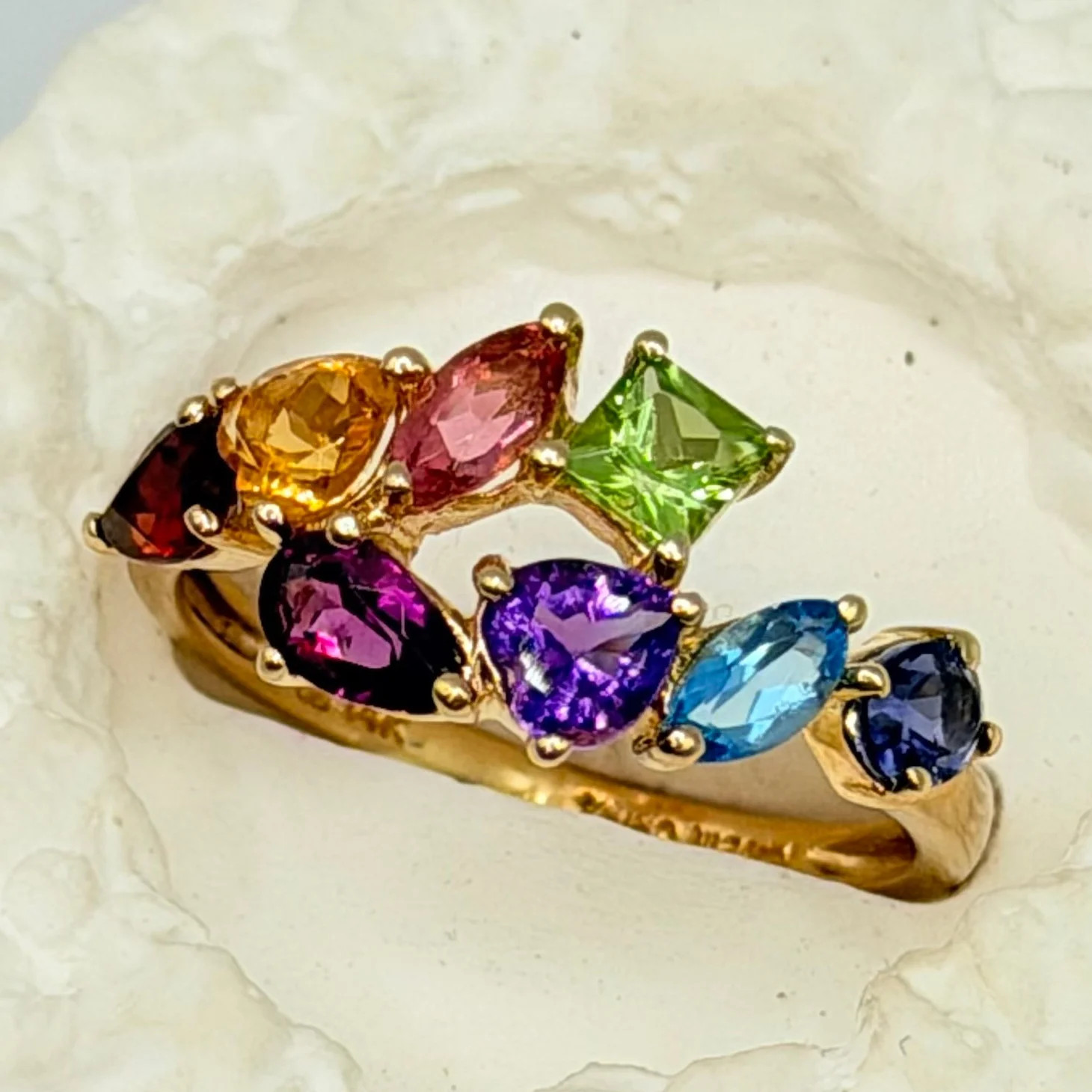 Solid 14K Yellow Gold Multi-Gemstone Ring with Em… - image 13