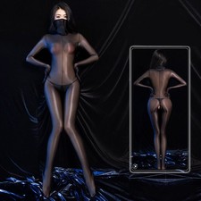 Women Sheer Shiny Glossy Bodysuit Jumpsuit Full Bodystocking Crotchless W Gloves
