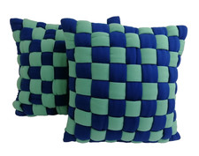 M&S Home Pure Cotton Basket-weave Quilted Cushion x 2 Blue Mix 50 x 50 cm New