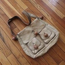 Vtg Italian Leather Handbag Wooden Ball Toggle Boho Purse Handmade Shoulder Bag