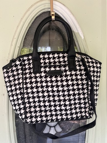 Vera Bradley Satchel Bag Midnight Houndstooth White Black quilted Leather Straps - Picture 2 of 9