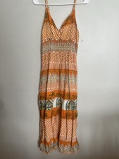 Cotton Strappy Woman’s Summer Sundress Maxi Size Medium Orange Tribal