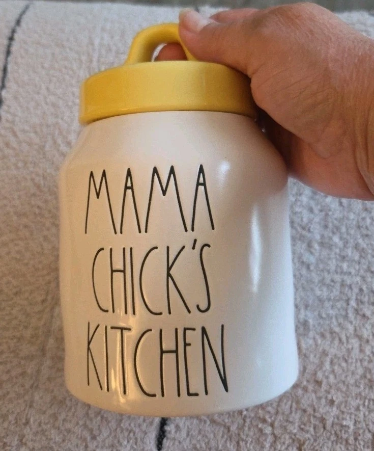 Rae dunn Mama Chicks Kitchen canister White W/Yellow Lid Ceramic Baby Size
