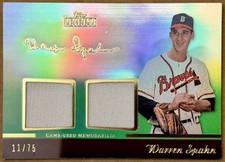 2011 Topps Tribute Warren Spahn Dual Relics (Jersey) Green,  11/75 Braves HOF