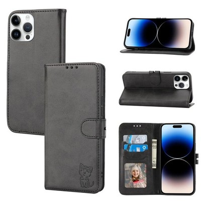 Für iPhone 14 Pro Max Handyhülle Leder mit Motiv Happy Cat gof