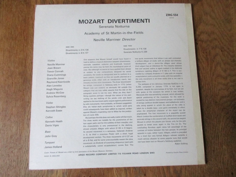 Mozart - 3 Divertimenti for Strings / Marriner / Argo ZRG 554 Ed1 Oval '68 NM/NM - Image 3 of 3