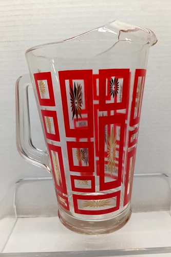 VINTAGE MCM MID CENTURY MODERN Jeannette ATOMIC STARBURST RED GOLD PITCHER  VGC