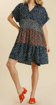 Boohoo Laurel Mixed Print Tiered Dress Women's Small Boho Lagenlook NWT