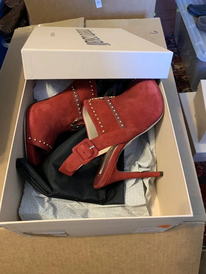 Sandalias Roberto Cavalli Talla 8.5 EE. UU. Damas Mujeres Gamuza Rojo Tacones Cuero $825 Foto 2 de 4