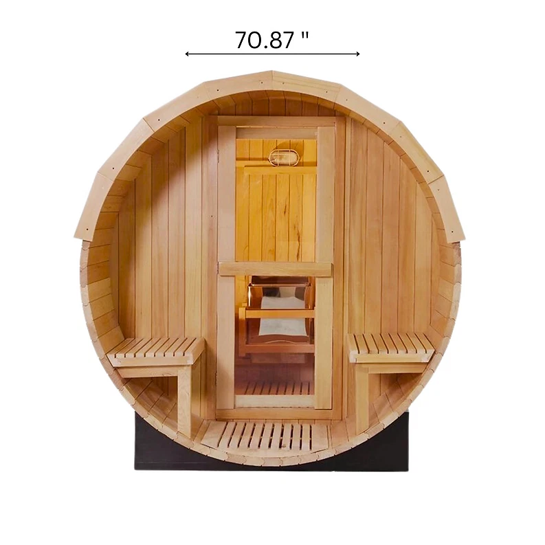 Sauna de barril al aire libre Canadian Hemlock para 4-6 personas con porche delantero #REDONDA al aire libre Foto 3 de 4