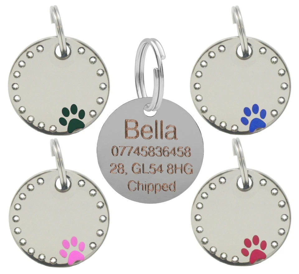 Personalised Engraved 30mm Diamante Paw Pet Tag Dog Cat Pet Tag ID Collar Tags