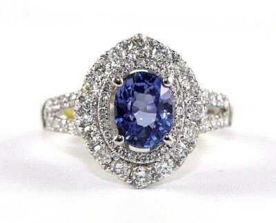 Natural Oval Blue Sapphire & Diamond Solitaire Lady's Ring 14k White Gold 3.10Ct