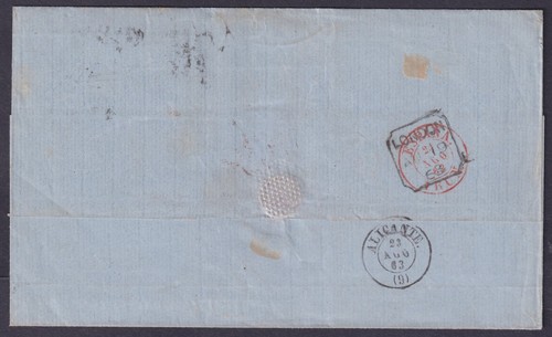 1863 6d Lilac Pair x2 SG84 PK-PL + PI-PJ 2/- Rate to Alicante VG/FU Cat. £700.00 - Picture 2 of 2