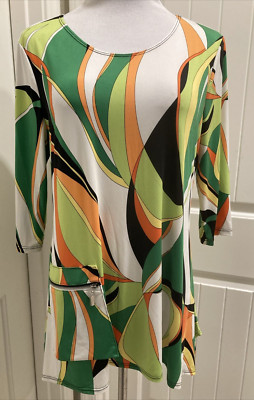 Retro Hippie Sexy Pretty Woman Tunic SZ XL Psychedelic Greens & Oranges Unique