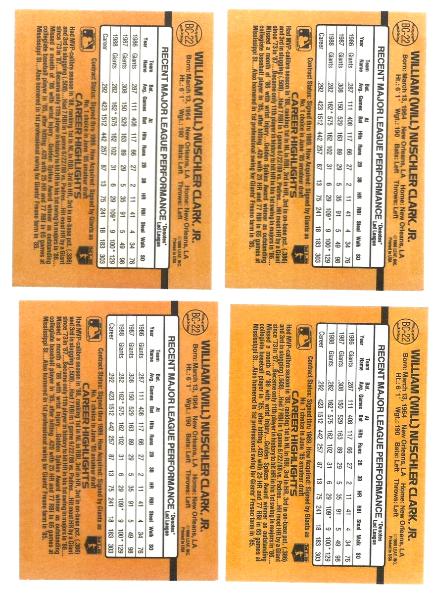 1989 Donruss MVP #BC-22 Will Clark San Francisco Giants HOF Card